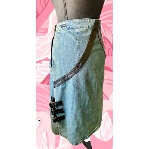 Vintage FUBU Fatty Girl Denim Midi Skirt Blue Buckle Leather Trim Y2K W9/10